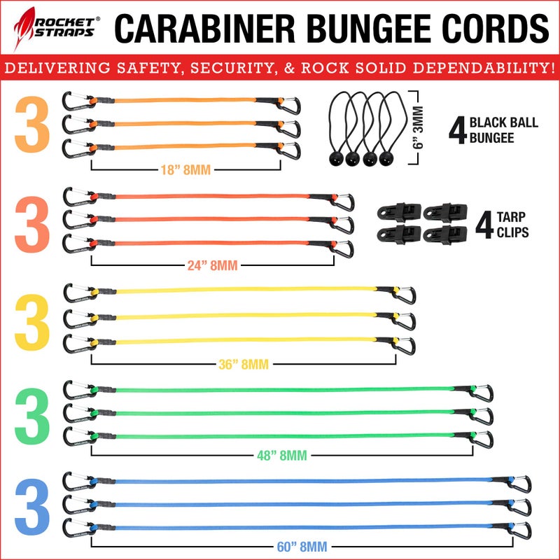 ROCKET STRAPS Bungee Cords | Premium Heavy Duty Outdoor Carabiner Bungee Cords with Hooks | Bungee Cord Assortment Includes | Tie Downs | Ball Bungees | (4) Tarp Clips | Bungie Cord Straps - Image 2